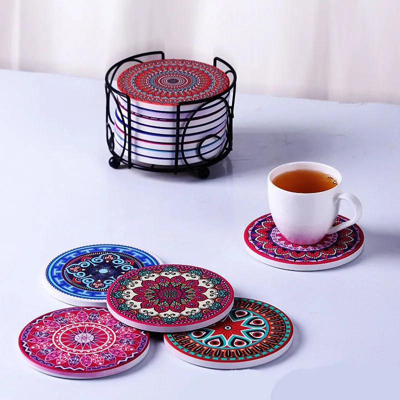 6pcs/set Ceramic Coasters Cartoon Round Heat Insulation Placemat Absorbent Non-slip Cup Pad Kitchen Table Decoration Mats