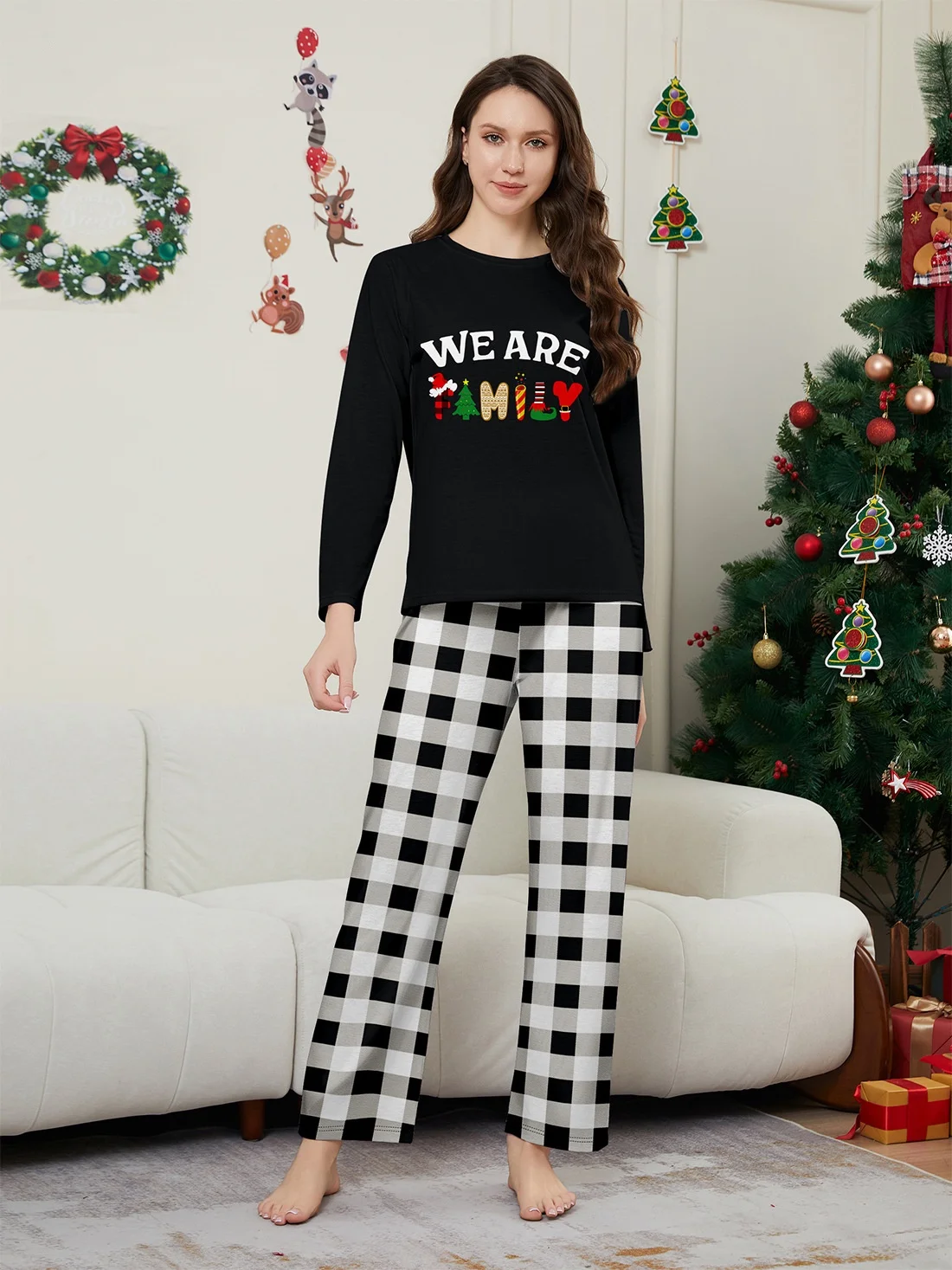 Happy New Year Family Matching Outfits Letter Plaid Print Parent-child 2 Pieces Suit Sleepwear Soft Loose Pajamas Set Xmas Wear - 3