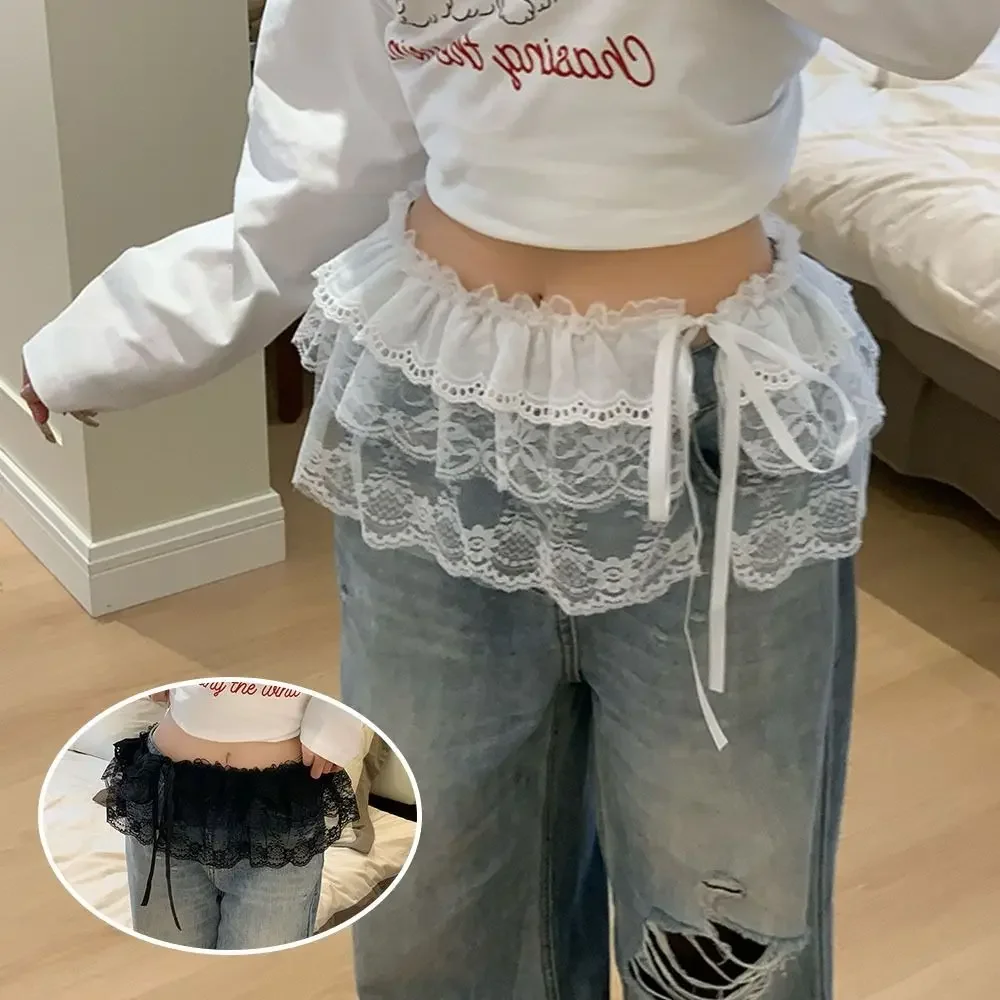 Fashion Flower Lace Layered Gauze Skirt Y2k Streetwear Lace-up Pleated Mini Lace Skirt Fungus Fart Curtain