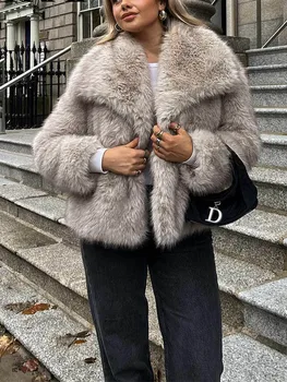 HH Women Fashion Cropped Faux Fur Jacket Coat Long Sleeve Front Snap-button Female Outerwear Chic Lapel Collar Thick Coat 1