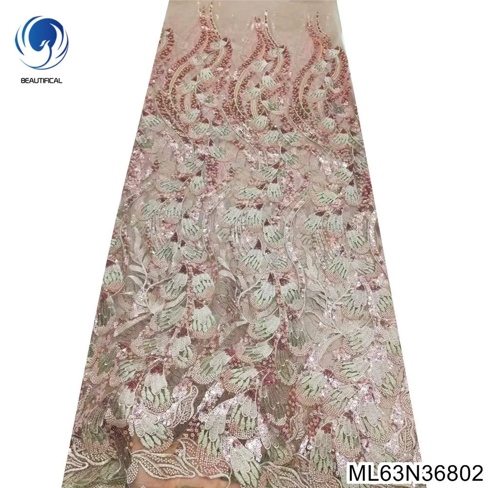 

Latest Design Champagne 2023 French Heavy Beaded Nigerian Sequins Embroidery Tulle Lace Fabric Party Dress Material ML63N368