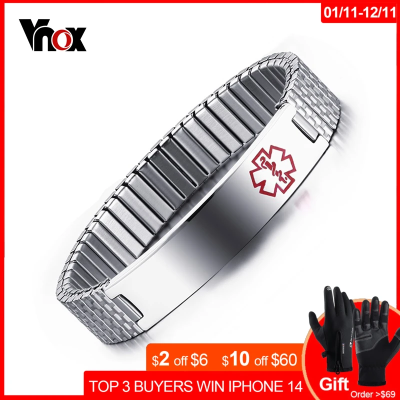 Vnox Stainless Steel Medical Alert Stretch Adjustable Wristband Id
