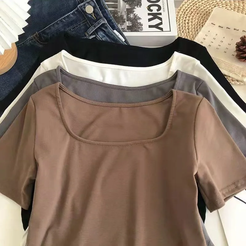 

Arc hem U collar woman short sleeve summer T-shirt 2024 new solid colour Slim hundred locker bottoming shirt female tops