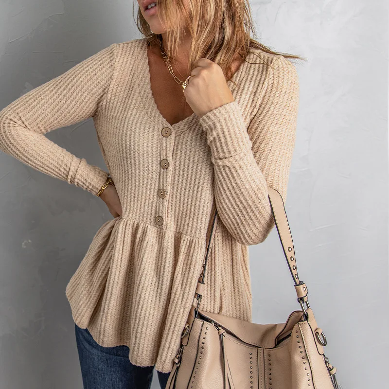 

Autumn New Knitted Long Sleeve Top Women's Slim Fit V-Neck Pullover T-shirt 25112025
