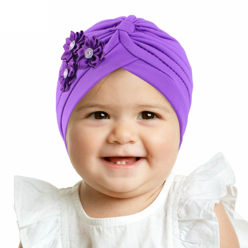 Cute Newborn Pleated Flower Muslim Hijab Beanies for Toddler Baby Kids Girls Headwrap Soft Bonnet Chemo Cap Beanies Hat Headwear