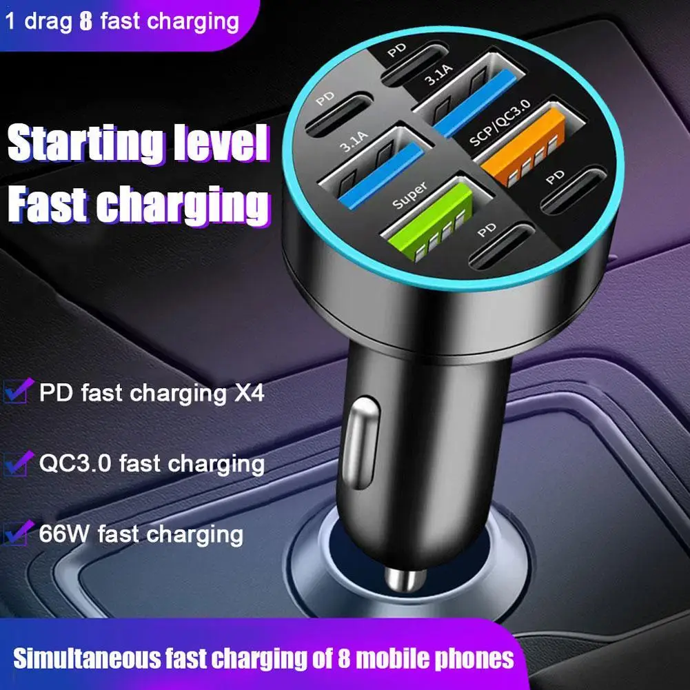 

8 Port Car Charger 36w 4USB A+4Type C Fast Charging Car Mobile Phone Adapter For iPhone Oneplus Cellphone