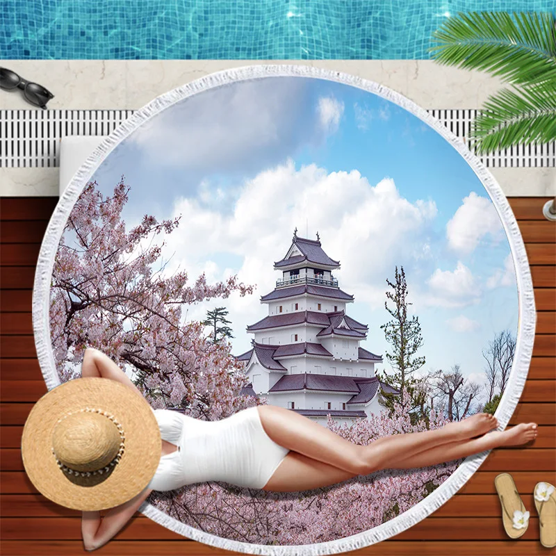 

Lannidaa Cherry Towel Round Beach Towel Beautiful Kawaii Sport Sunbath Absorbent Wraps Tassels Flowers Yoga Mat Picnic Blanket