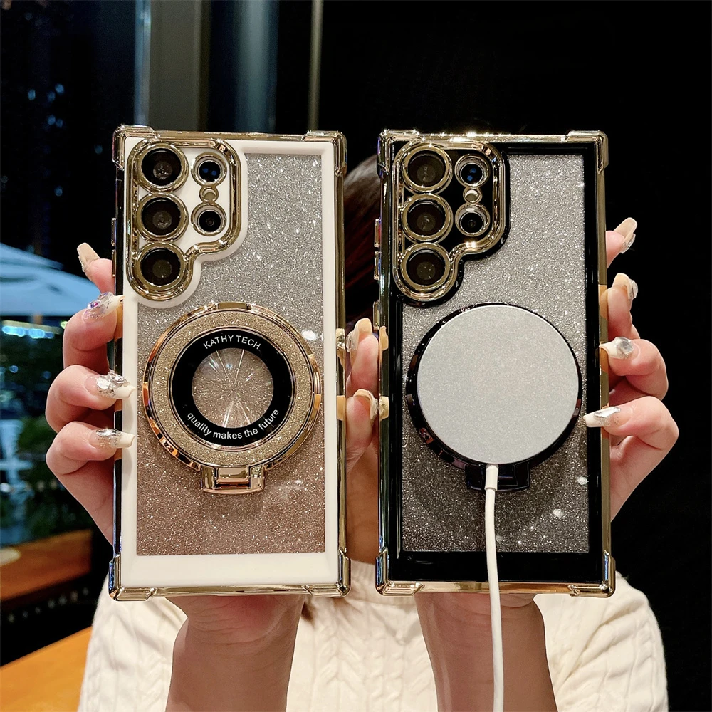 Luxury Magnetic Folding Bracket Shiny Case with Ring Holder Stand and Gradient Shockproof Design