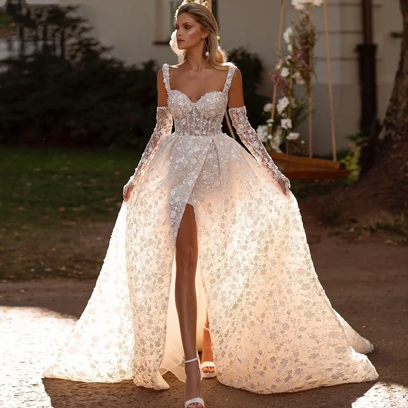

Luxury Beads Sequins Lace A Line Wedding Dresses Remove Sleeves Sexy Sweetheart Side Slit Bride Gowns Backless Vestidos De Novia