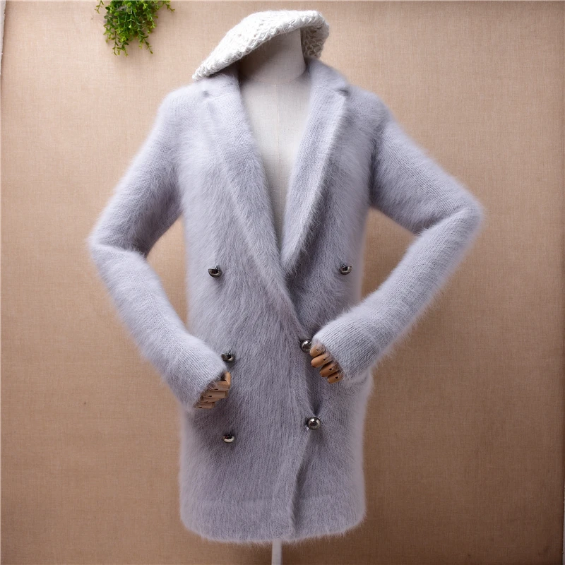

female women fall winter thick warm mink cashmere knitted turn-down neck v-neck slim cardigan angora fur coat jacket sweater top