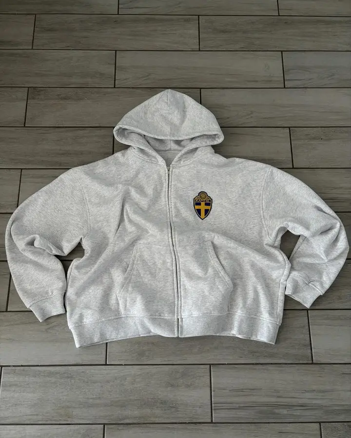Zip Hoodie Sweatpants Suit Y2K Mens Clothes Two Piece Set Retro Gray Hip Hop Stripes Embroidered Sweatshirt Casual Pants Suit 2