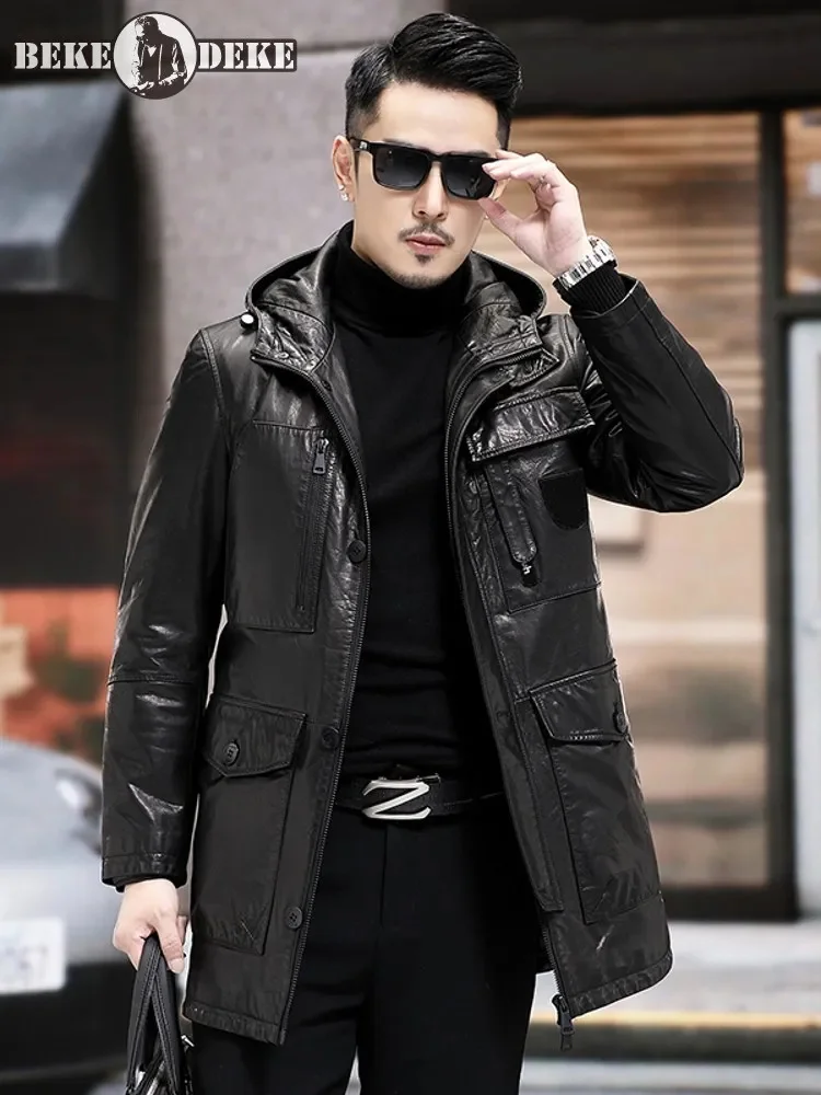 

Winter Business Men Oil Wax Cowhide Work Jacket Mid Long Thick Down Liner Genuine Leather Overcoat Hooded Slim Fit Cargo Coats
