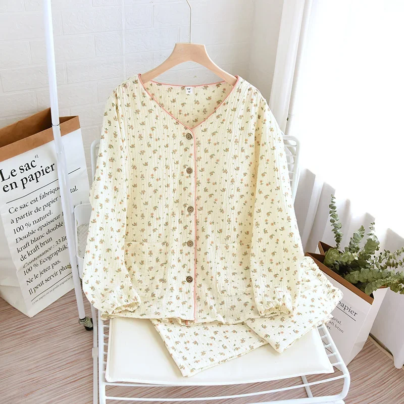 

Женская хлопковая дышащая и поглощающая пот пижама с длинными рукавами, одежда с накладками для груди, домашняя одежда для осени и зимы