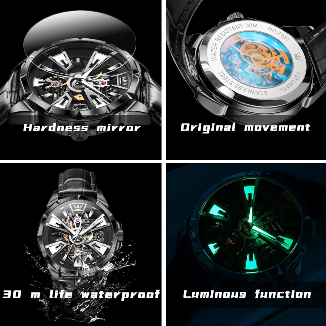OLEVS 7051 Mechanical Fashion Watch Gift Genuine Leather Watchband Round-dial Wristwatch Luminous