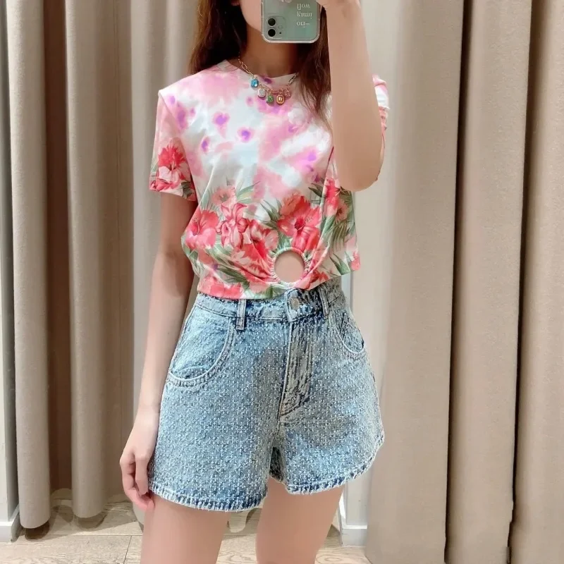 

Rhinestone Denim Shorts Women's Straight Casual Zipper Fly Pockets Female Jeans 2024 Summer