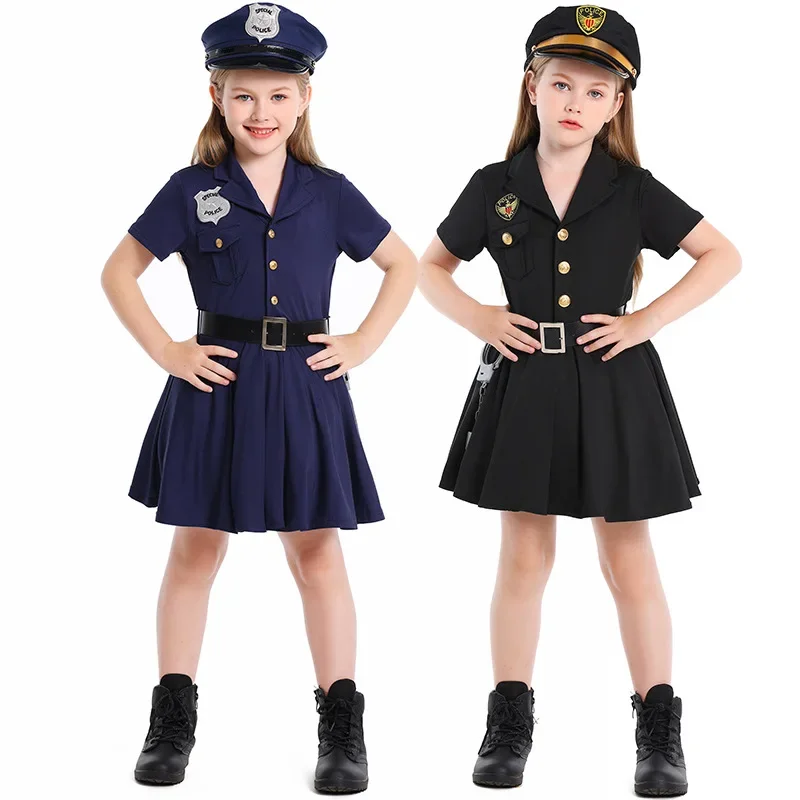 Cosplay Costume Children Police Role Play Dress Up Female Officer Belt Uniform Carnival Party Performance Halloween Toys Gifts