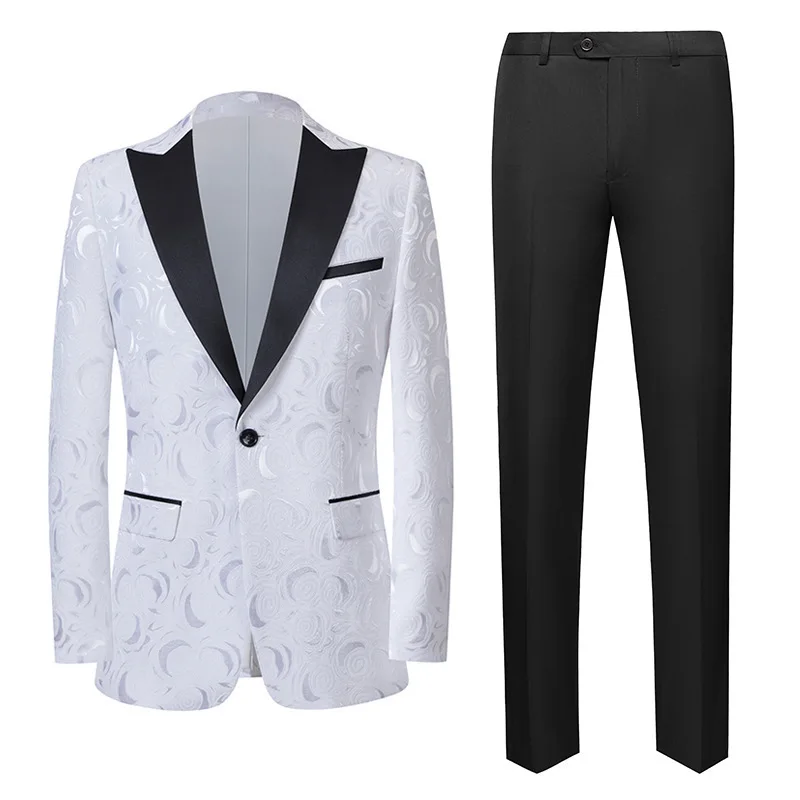 High Quality Jacquard Men Suit Gentleman Clothing Red Black White Fashion Luxury Wedding Party Dress Man 2 Piece Blazer Pant Set