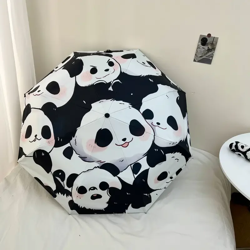 Three fold cute cartoon panda portable folding umbrella women's vinyl sunscreen sun umbrella dual-use umbrella for rain and sun