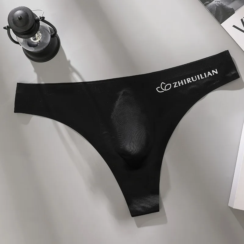Men's Thongs Low Waist Underwear Sexy Ice Silk T-Back Panties Breathable Quick Drying G-string Seamless Ultra-thin Underpants