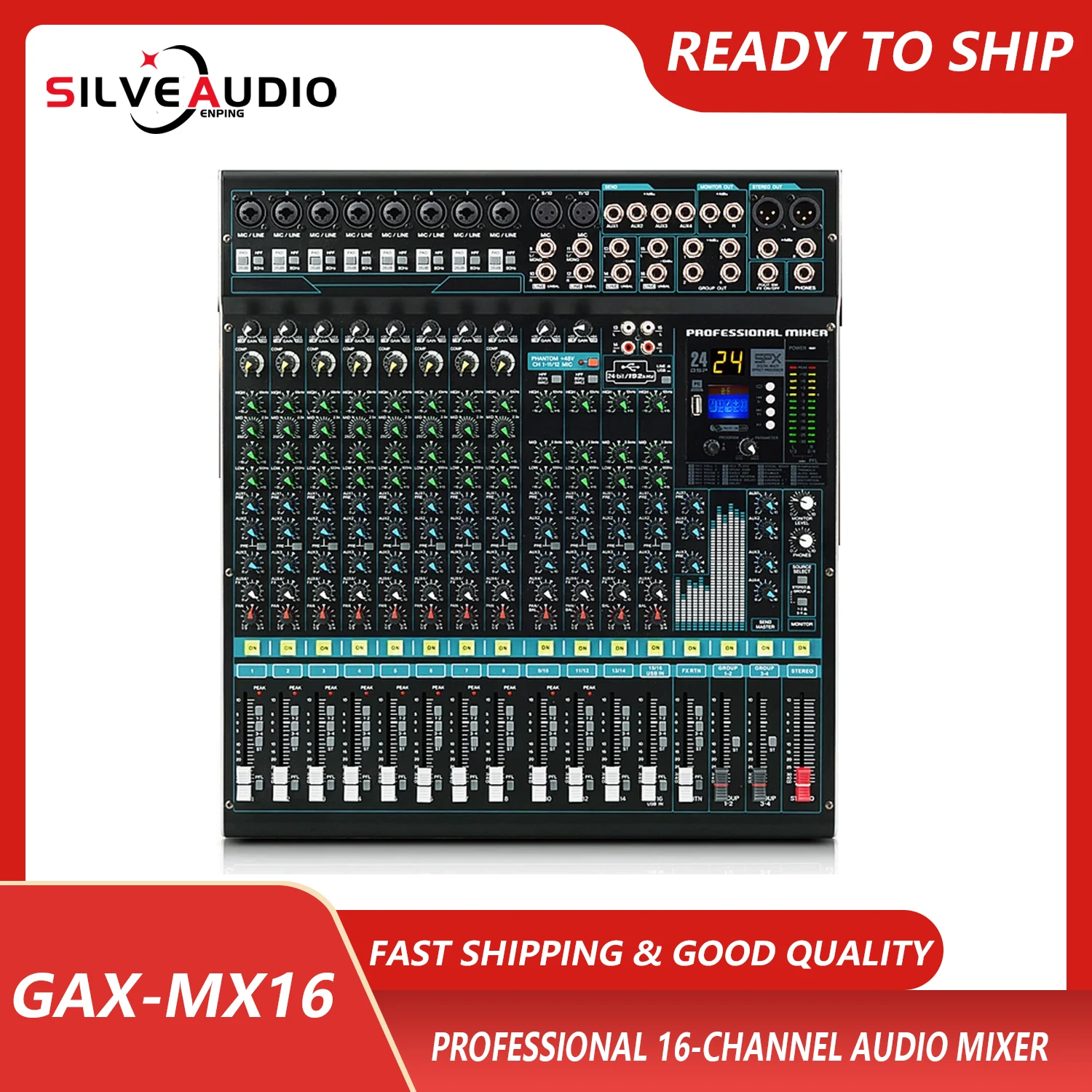 GAX-MX16 전문 16 채널 블루투스 오디오 믹서, USB 사운드 믹싱 콘솔, AUX 레코딩 스테이지, DJ 오디오 콘솔 믹서