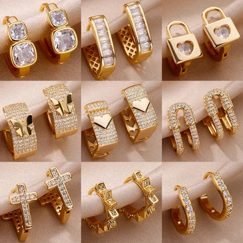 Zircon Heart Earrings for Women Gold Color Stainless Steel Earrings 2024 Trending Ear Piercing Jewelry Birthday Gift pendientes