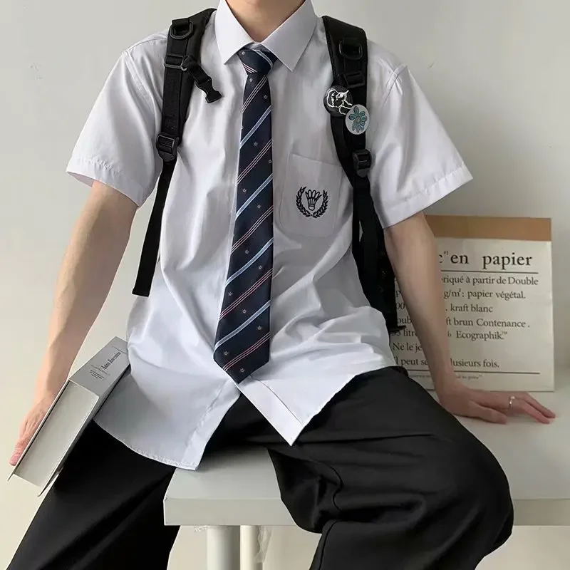 Japanese Student Men School Jk DK Uniform Tops Middle High School Uniforms Short Sleeve White Cotton Shirt 2 Piece Tie + Top