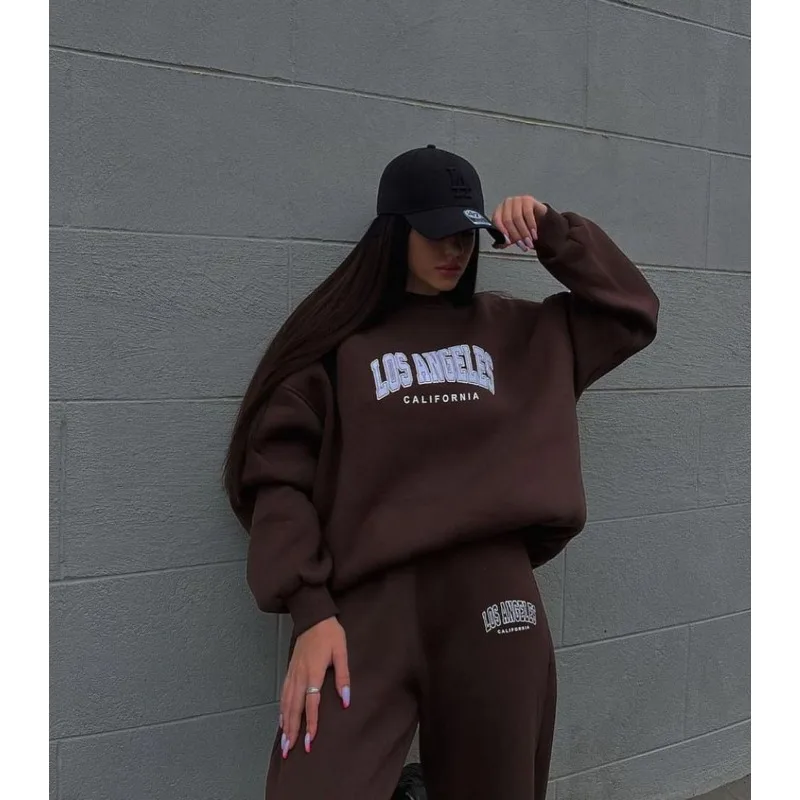 Women Print Tracksuit Autumn Sports Suit Solid Long Sleeve Pullover Pants Casual Loose Pants Sets Y2k Streetwear Harajuku O-neck