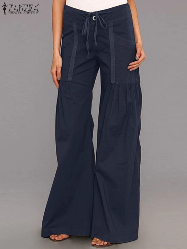 

2024 ZANZEA Fashion Casual High Waist Solid Loose Cargo Trousers Y2K Women Wide Leg Pants Vintage Pantalon Oversize Long Palazzo