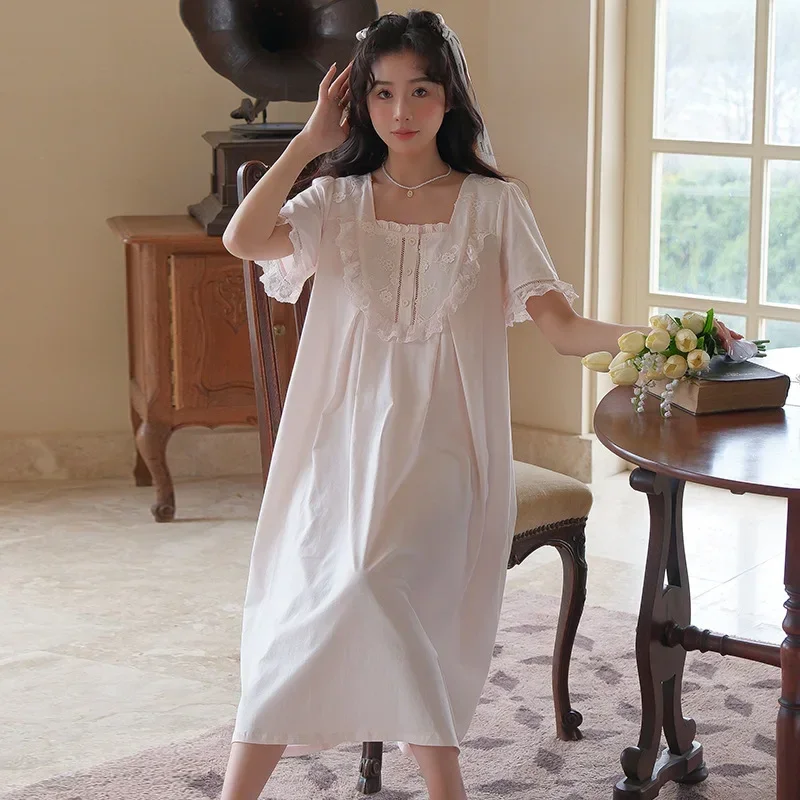 

Pure Cotton Princess Nightdress Summer Sweet Embroidery Night Dress Women Short Sleeve Victorian Nightwear Long Ruffle Nightgown