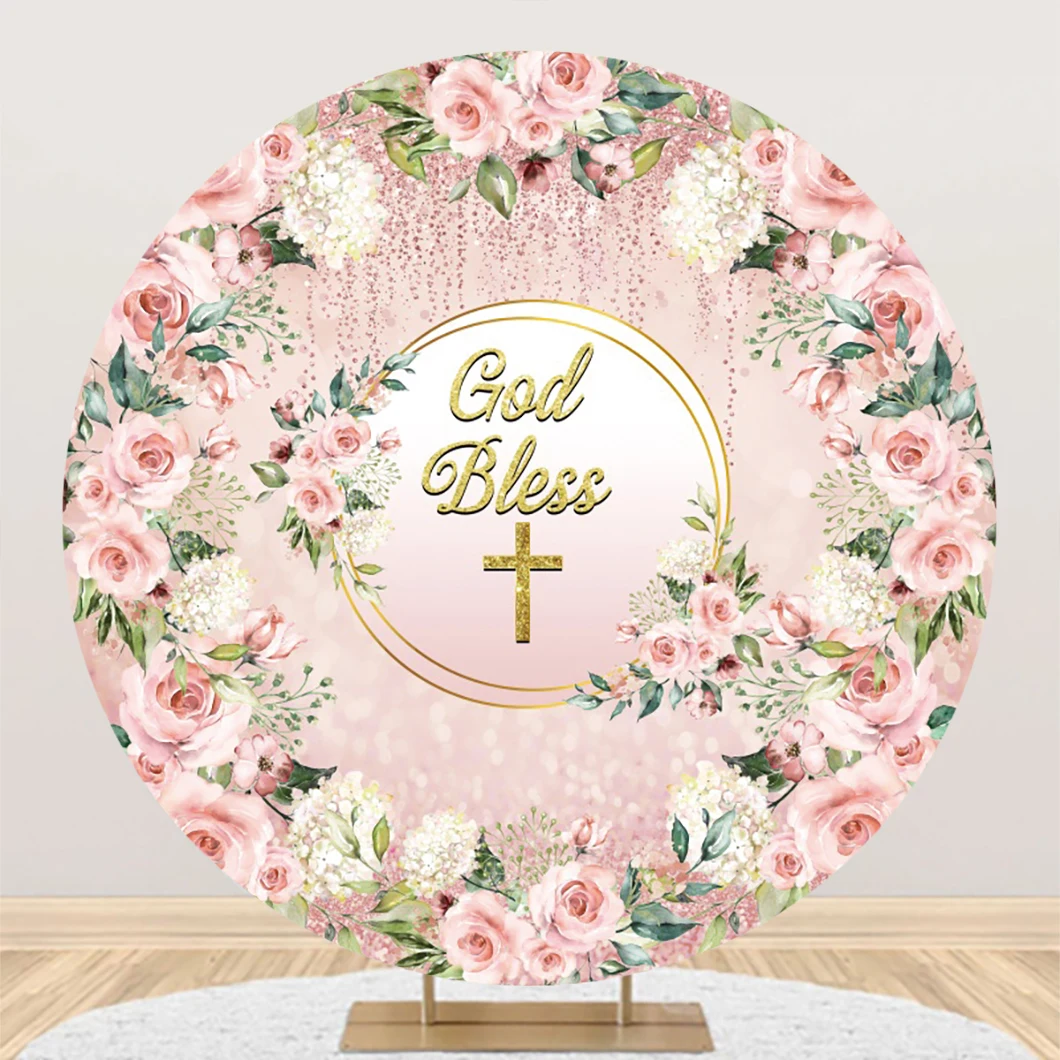 

Laeacco God Bless Round Backdrop Pink Floral Gold Cross Girls Birthday Baby Shower Portrait Customized Photography Background