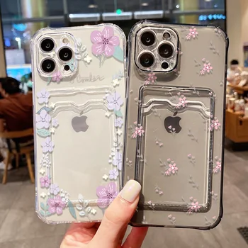 Soft Card Slot Bag Holder Phone Case For iPhone 13 11 16e 15 12 14 17 16 Pro Max 7 Plus XR SE Aesthetic Flower Transparent Cover 1