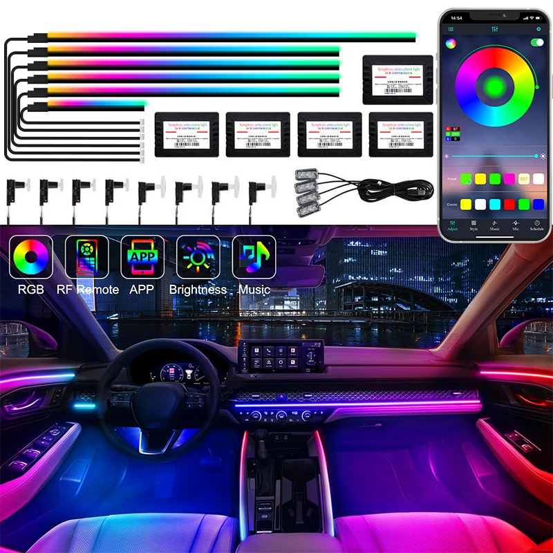 

Car Accessories Colorful Acrylic Ambient LED Lamp Strips Music APP Control Auto Interior Decorations Neon Atmosphere Lights 6in1