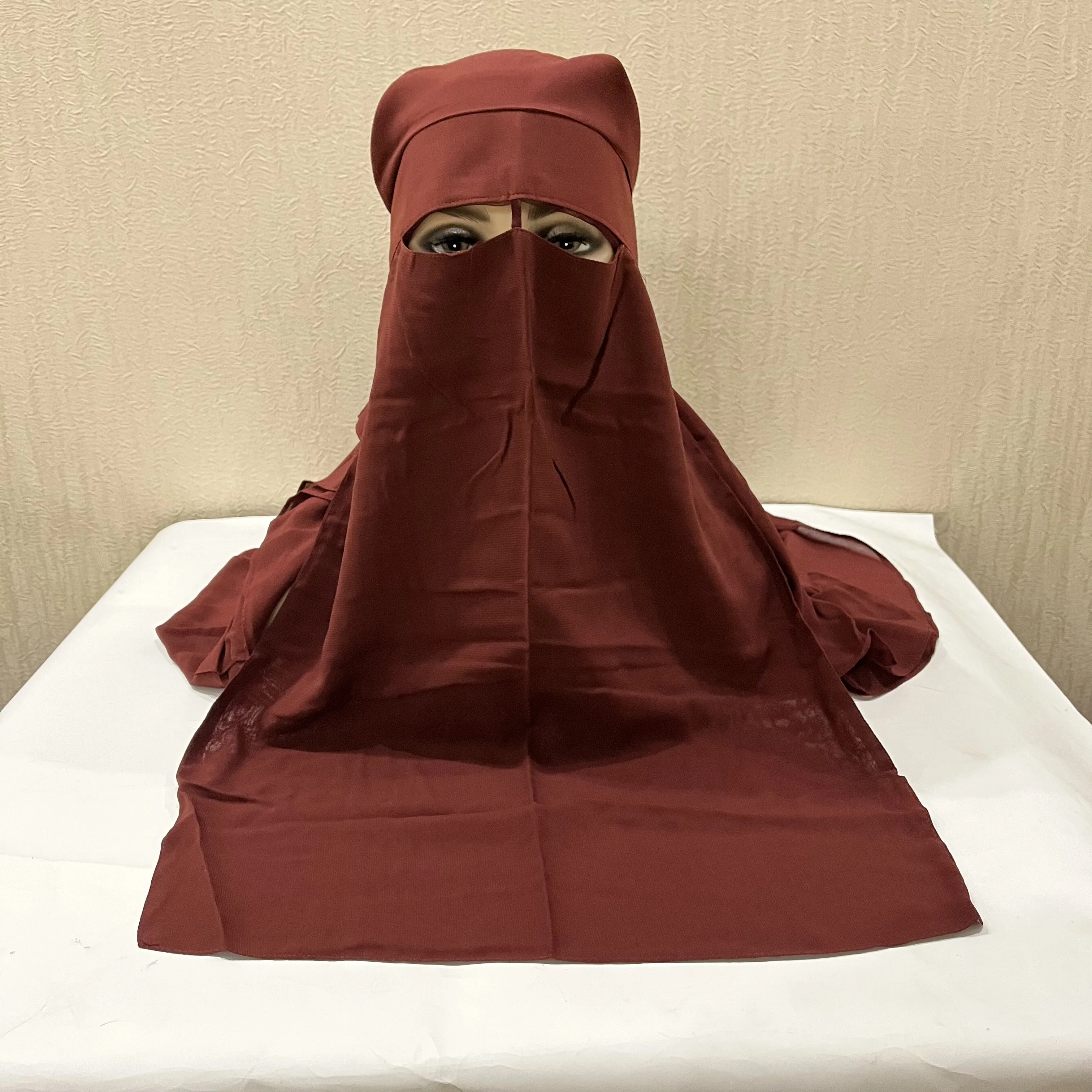 H225 Three Layers Chiffon Fabric Niqab Tie back Face Mask Cover Muslim Hijab Scarf Headscarf Turban Cap Bonnet 5