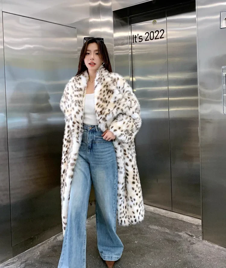 Description Picture 4 of itemS-9XL Winter Thick Warm Big Turn-down Neck Yellow Dot Windbreaker Coat Women Faux Mink Fur Leopard Long Overcoat Loose Trench