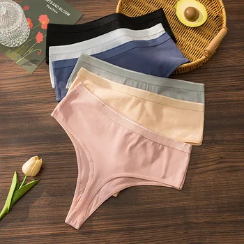 1PC Thongs Women Cotton Panties Female High Rise G-String Sexy High Leg Cut Bikini Solid Color T-back Breathable Lingerie S-L