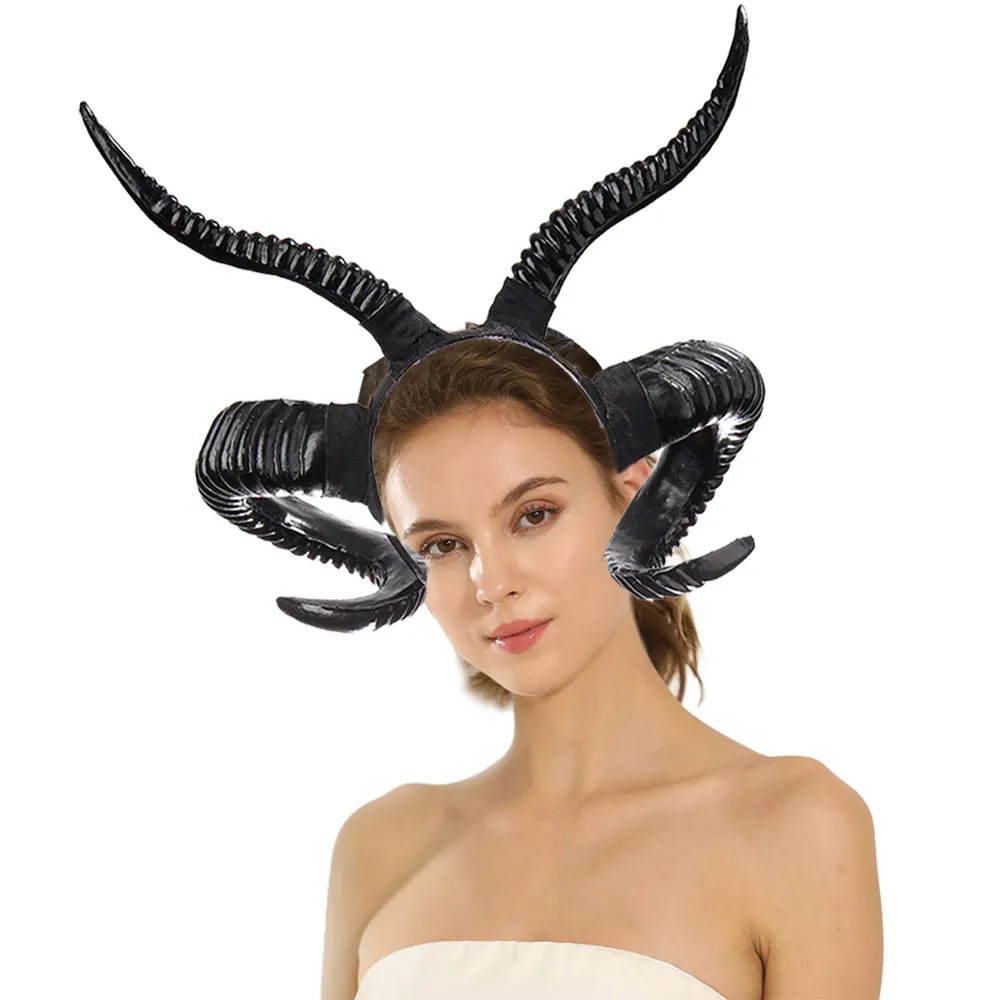 

Black Demon Horns Headpiece Cosplay Animal Antelope Sheep Ox Headwear Halloween Women Hairband Carnival Party Costume Props Gift