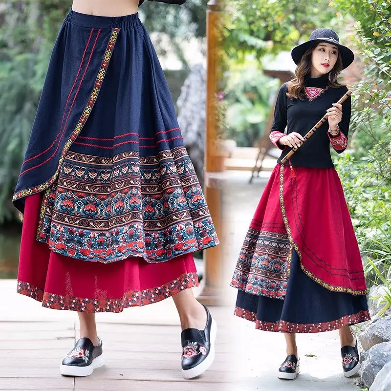 

2023 Spring/Summer Ethnic Style Skirts Women's Art Retro Print Double Layer Panel Elastic Waist A-Line Skirt Mujer Faldas Z1182