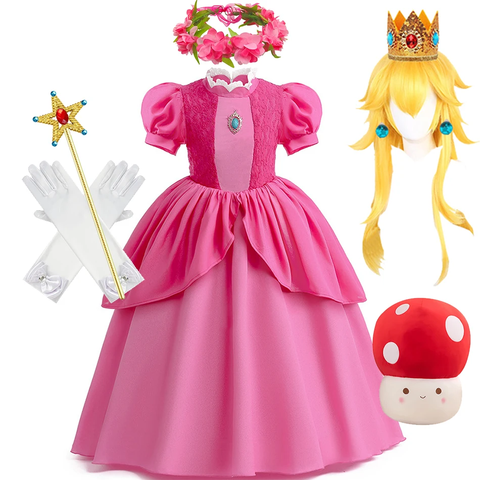 Lito Angels Vestito Principessa Peach Per Bambina - Con Corona E Guanti, Costume Carnevale Halloween Compleanno, Taglie 4-11 Anni