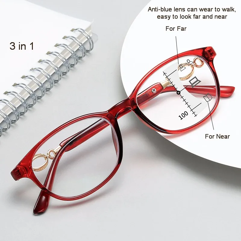 Multifocal Progressive Reading Glasses Women Anti Blue UV Protect EyesGlasses Retangle Frame Eyewears +1.0~+4.0 5