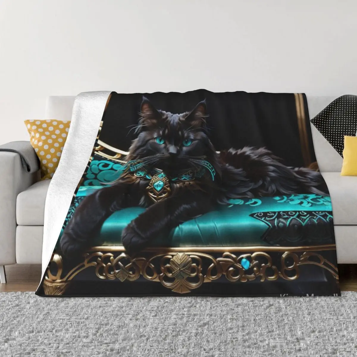 Immagine Digitale Di Un Bellissimo Copriletto Nero Main Coon Cat Coperta Sul Letto Copriletto Anime Con Immagine