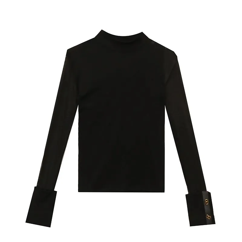 Autumn Winter Half High Collar T shirt Patchwork Long