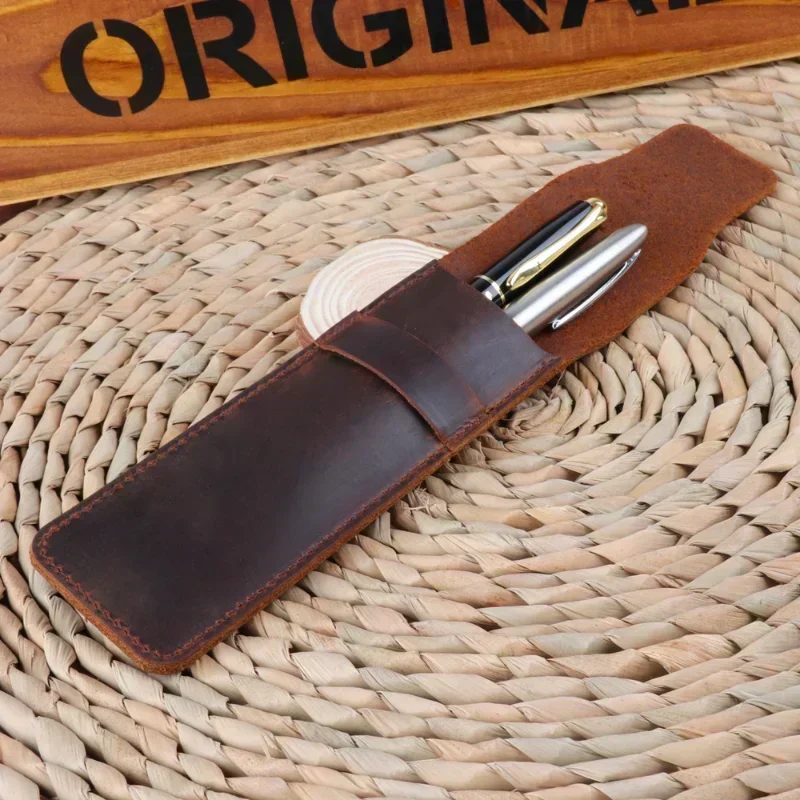 Pencil Case Handmade Leather Pencil Bag Cowhide Fountain Pen Case Holder Vintage Retro Style Accessories for Travel Journa