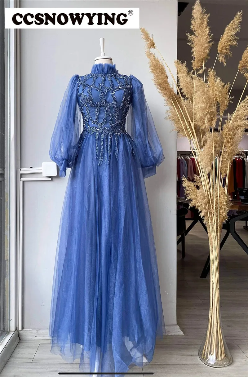

Long Sleeve Muslim Evening Dress Tulle Beaded Appliques Arabic Dubai Hijab Prom Formal Party Gown Blue High Neck Robe De Soiree