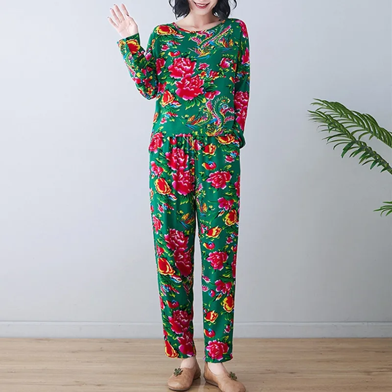 UHYTGF Middle-Aged Womens Spring Summer Suits Pajamas Printed Cotton Silk Home Clothes Female Thin Sleepwear 4XL Loose Size 2374