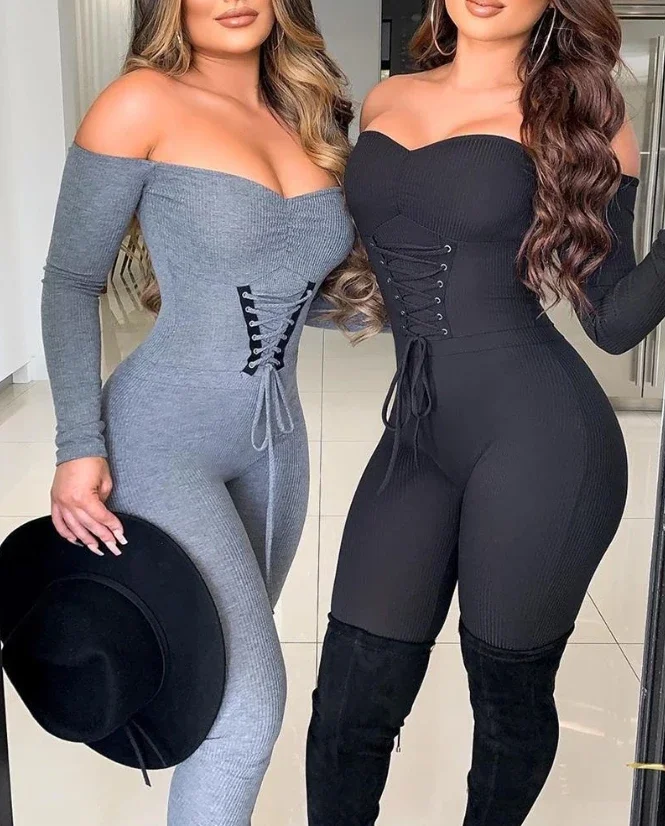 

Bodysuit Jumpsuit Women Streetwear 2023 Autumn and Winter New Style Off Shoulder Eyelet Lace Up Plain Casual Jump Suits Female