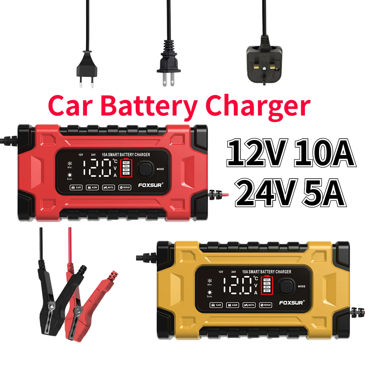 12V 10A Car Battery Charger LCD Display Intelligent Repair Charger Fast