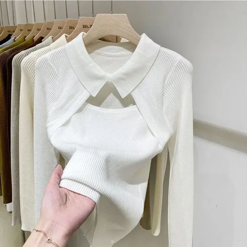 Hotsweet Sweater Hollow Polo Neck Slim Thin Women\'s Knit Long Sleeve Top Pull Jumper Casual Harajuku Undershirt American Hottie