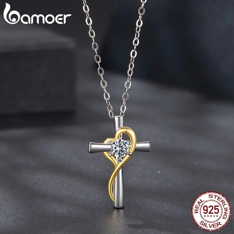 Moissanite Two-Tone Stainless Silver & Gold Cross Necklace - Image 5