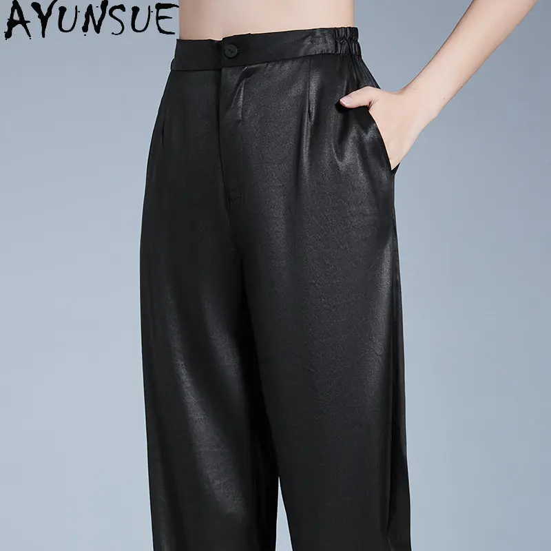 

Solid Silk Casual Harem Pants Women Clothes 2023 Spring Summer Elastic Waist Trousers 95% Mulberry Silk Women Pants High Waist
