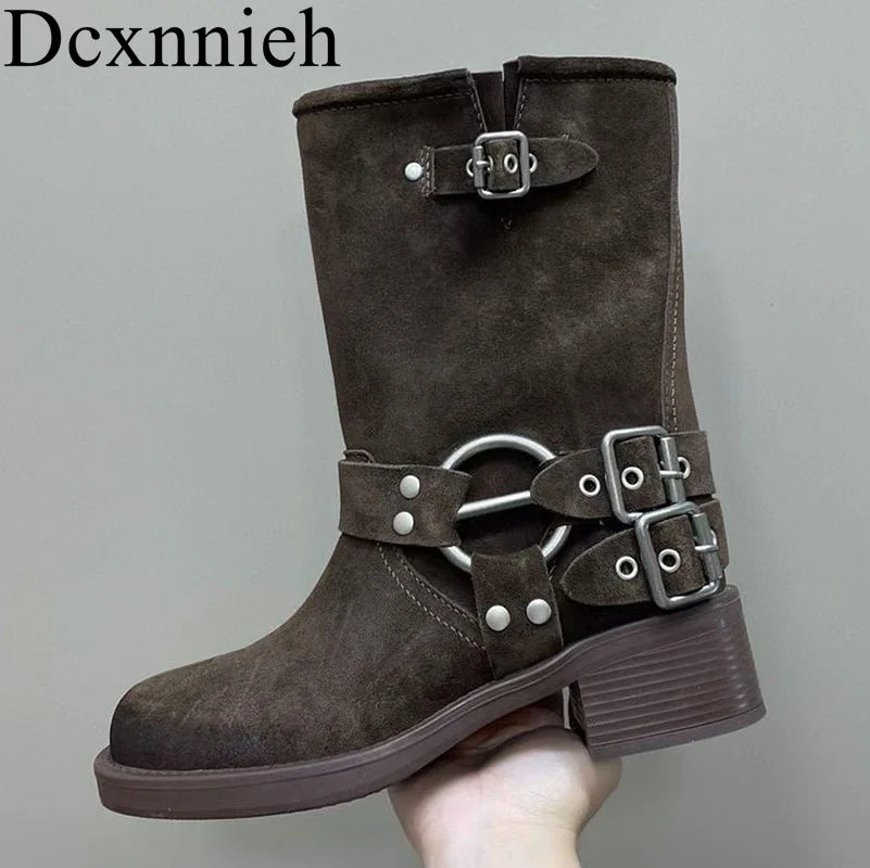 

2023 Autumn Winter Round Head Mid Sleeve Boots Women Genuine Leather Belt Buckle Long Boots Vintage Metal Decoration Short boots